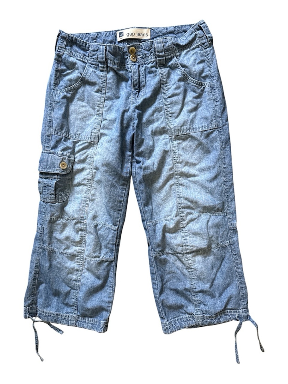 Gap Jeans Light Blue Denim Cargo Capri Pants Cropped Tie Hem Size 8